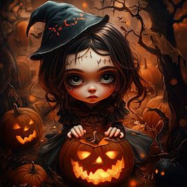 Cute Halloween girl, witch with pumpkin 3d