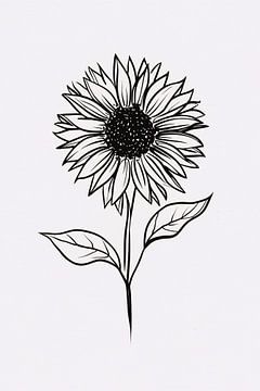Minimalistische zwart-witte zonnebloem lijnkunst van De Muurdecoratie