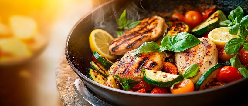 Grilled vegetables and chicken in a pan by Poster Art Shop