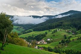 Schwarzwald Deutschland mit kleinem Dorf von oben in der Morgendämmerung von adventure-photos