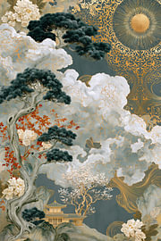 Luxuriöse japanische Landschaft mit Kiefern und goldener Sonne von Digitale Schilderijen