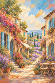 Sonnige Straße in der Provence mit Lavendel und einer Terrasse im impressionistischen Stil von STUDIO ARTSY