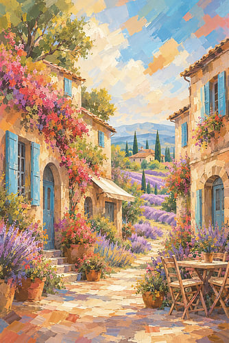 Sonnige Straße in der Provence mit Lavendel und einer Terrasse im impressionistischen Stil