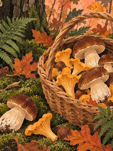 Pilzkorb im Herbstwald – Steinpilz und Pfifferling