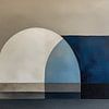 Ein modernes abstraktes Block- und Bogenmuster in blau-beigen Farben. von J.a Dijkstra