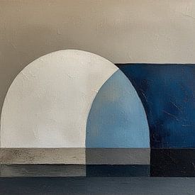 Een modern abstract blokken en boog vormen in blauw beige kleuren. van J.a Dijkstra