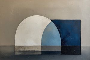 Ein modernes abstraktes Block- und Bogenmuster in blau-beigen Farben.