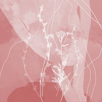 Abstract Retro Botanical. Flowers, plants and leaves in pink and white by Dina Dankers