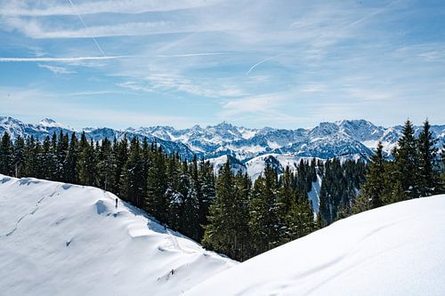 Winters uitzicht in de verte op de Allgäuer Alpen en de Hochvogel