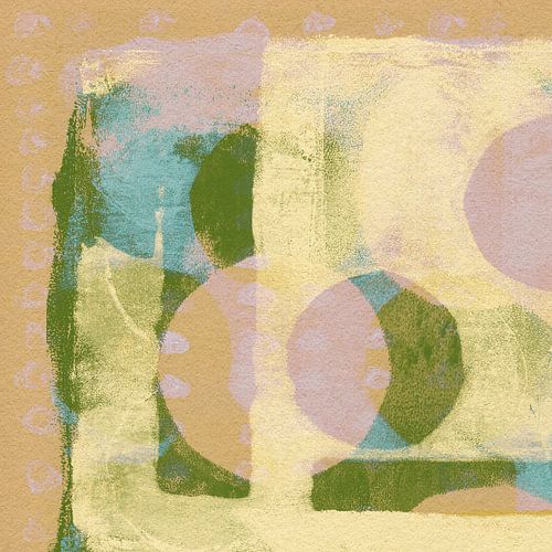 Abstracte vormen in geel, groen, roze en bruin.