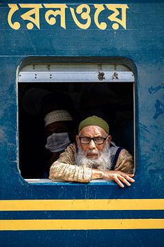 Man kijkt uit het raam in de trein van Steven World Traveller