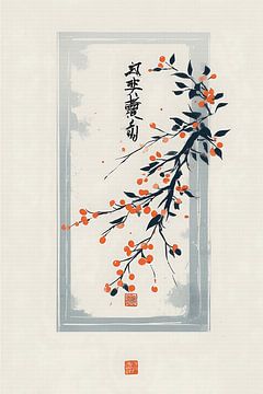 Minimalistische Chinese inktschildering Tak met oranje bessen – Moderne Zen-wandillustratie van Kimita Jennaira