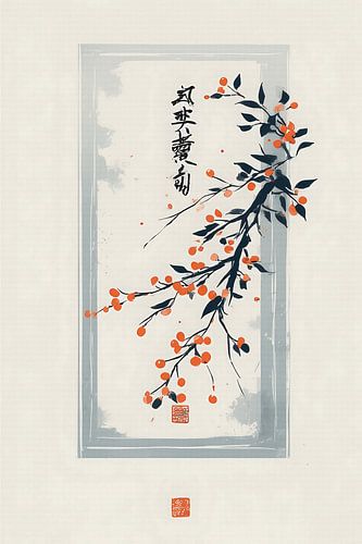 Minimalistische Chinese inktschildering Tak met oranje bessen – Moderne Zen-wandillustratie