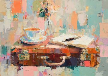 Travelling scene with suitcase and coffee