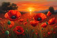Klaprozen schilderij zonsondergang bloemenweide
