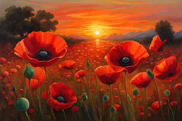 Poppies Painting Sunset Flower Meadow by Creavasis
