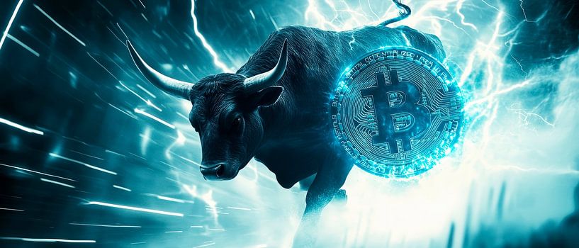Bullenmotiv mit Bitcoin – Futuristisch von Poster Art Shop