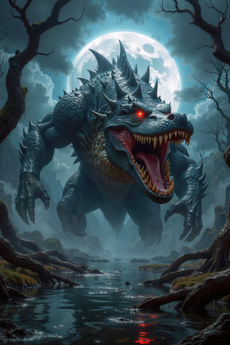 Dark Fantasy Wall Art & Poster: ZYRMOKH – A Monster Wanders Through the Swamp at Night