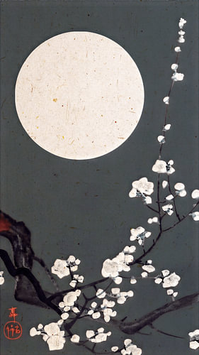 Traditional Japanese print: Blossoms in full bloom under a full moon, in anthracite
