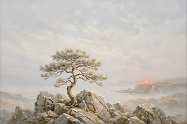 Kintsugi tree of life on rocks in the mist by Henk Egbertzen