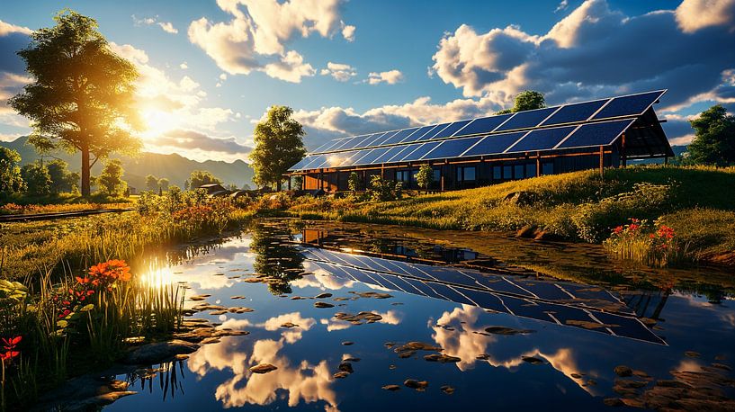 Solar power plant in nature with lake, illustration by Animaflora PicsStock
