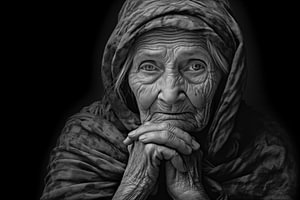 Porträt einer alten Frau mit schwarzen Hintergrund, Schwarzweißfotografie