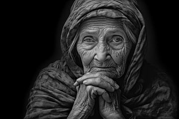 Portret van een oude vrouw met zwarte achtergrond, zwart-wit fotografie van Animaflora PicsStock