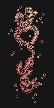 Lang verticaal kunstwerk met twee zeemeerminnen een hart en een ketting van Emiel de Lange