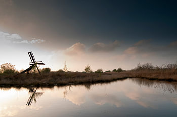 Oude windmolen in waterrijke natuur