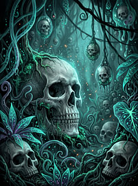 Buitenaardse flora, schedelvormige vruchten, cyaanblauw gloeiende jungle, duistere fantasy, grafisch ontwerp van Riswan Ratta