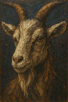 De beschermer van de berg (portret berggeit acrylverf schilderij hoorns aardetinten tijdloos)
