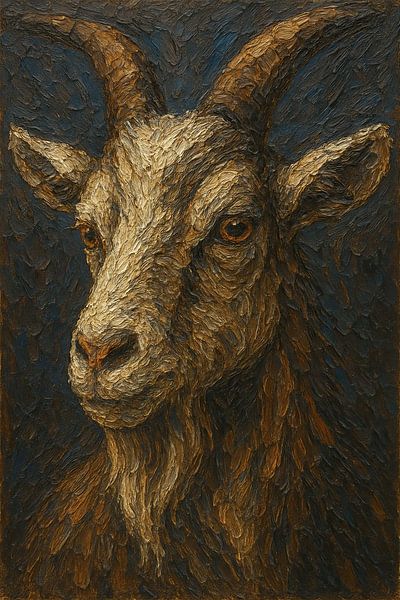The protector of the mountain (portrait mountain goat acrylic painting horns earth tones timeless) by Natalie Bruns