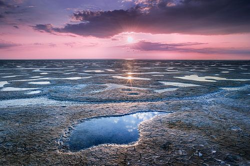 Sunset over mudflats of Wadden Sea