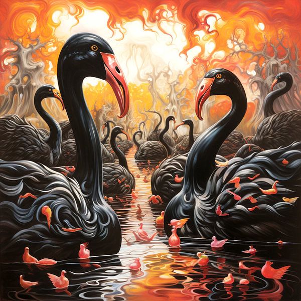 Zwarte zwanen meer zonsondergang surrealistisch landschap van gm_designs