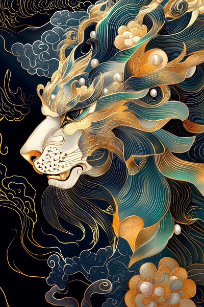 Lion art with pearls and turquoise details by Digitale Schilderijen