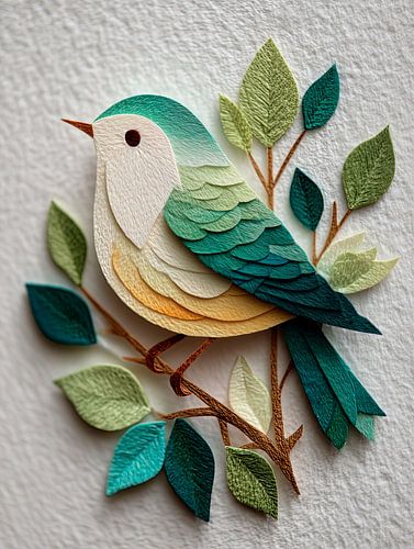 Decoratieve vogel in een tak – papiercollage