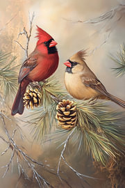 Cardinals in the warm stillness of the pine forest