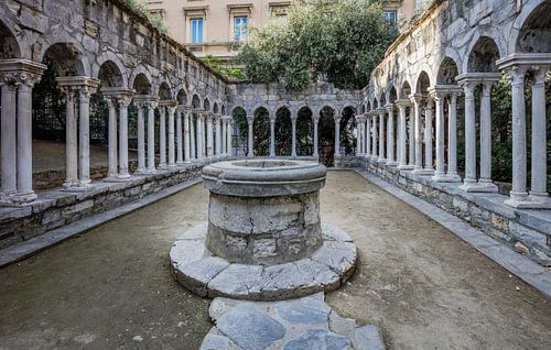 Ruins of St Andrew's monastery with well in the centre of Genoa, Italy