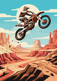 Motocross-Fahrer rast über die kurvenreiche Straße durch den roten Wüstencanyon