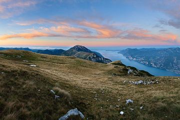 Panorama of Monte Baldo from Monte Altissimo, before sunrise. Hiking on Lake Garda