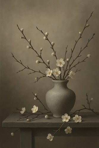 Zilverstil Bloemenlicht – Cementgrijze vaas met witte bloesem