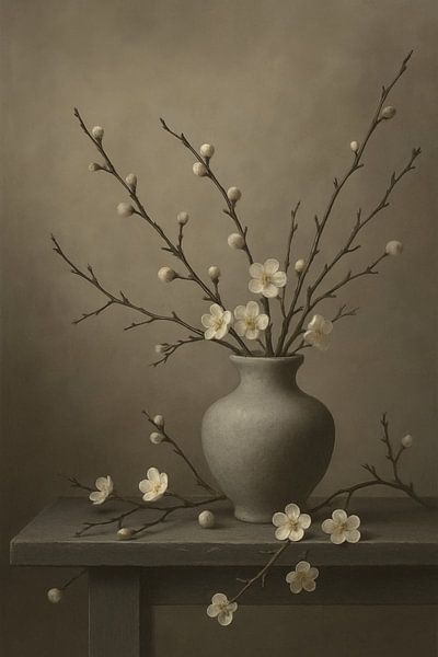 Silvery Flower Light - Zementgraue Vase mit weißer Blüte von Kleurenrijk