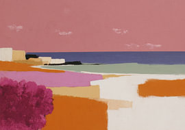 Abstract kustlandschap in roze, blauw en oranje van Niklas Maximilian