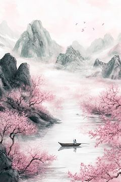 Rustig landschap met kersenbloesems van Poster Art Shop