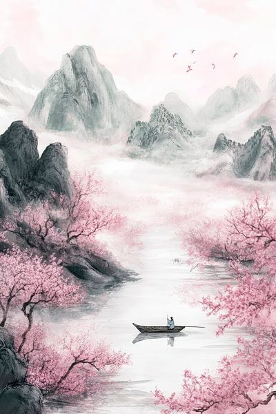 Paysage paisible avec des cerisiers en fleurs par Poster Art Shop