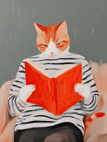 Kat leest rood boek in gezellig interieur