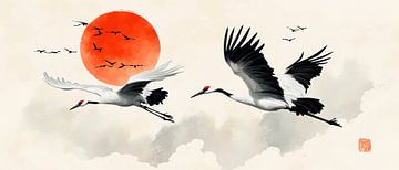 Kraanvogels bij zonsondergang - Japanse stijl van Poster Art Shop