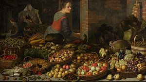 Stilleben mit Obst und Gemüse, mit Christus in Emmaus im Hintergrund, Floris van Schooten