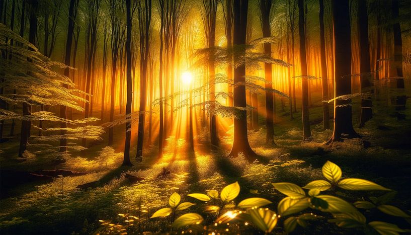 Golden sunset in the enchanted woodland by artefacti