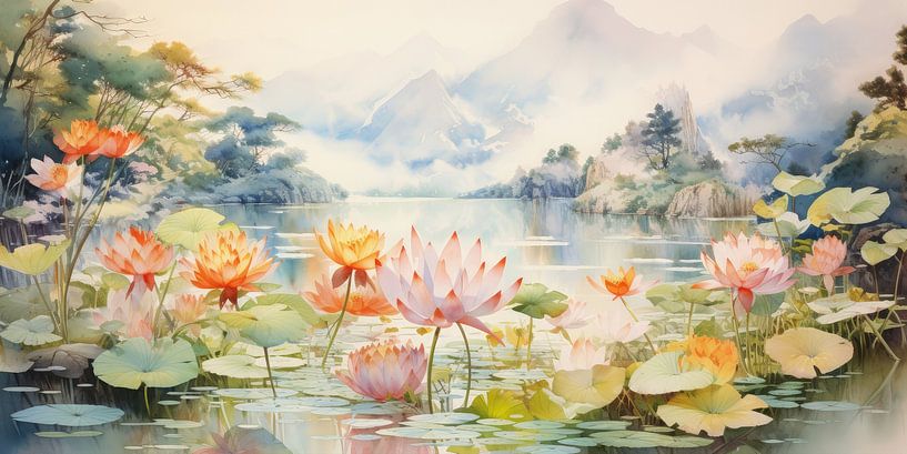 Very beautiful scenery with water and mountains by Art Bizarre